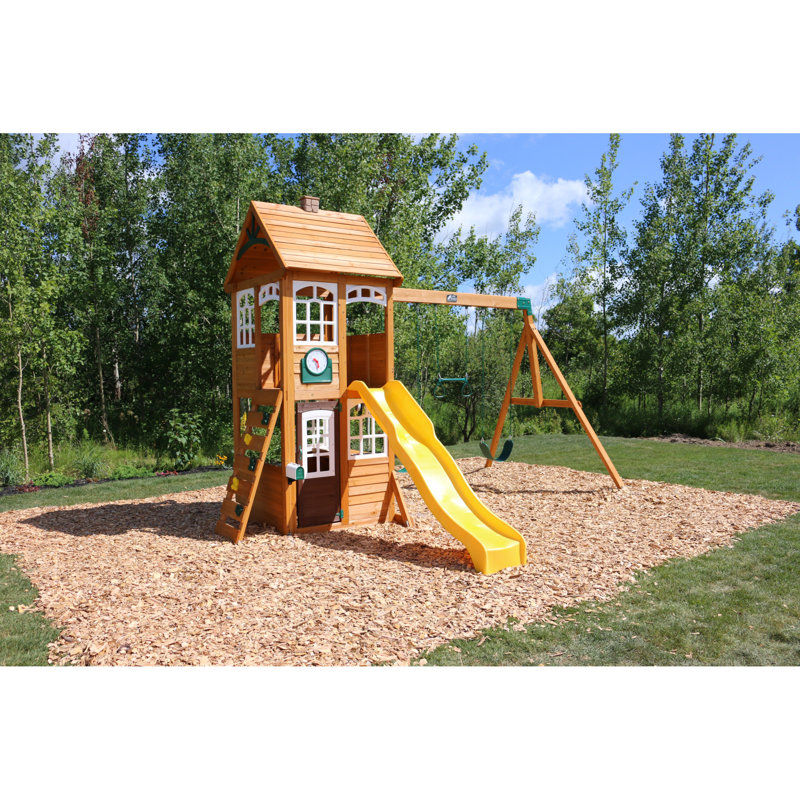 KidKraft McKinley Wooden Swing Set / Playset with Clubhouse, Mailbox